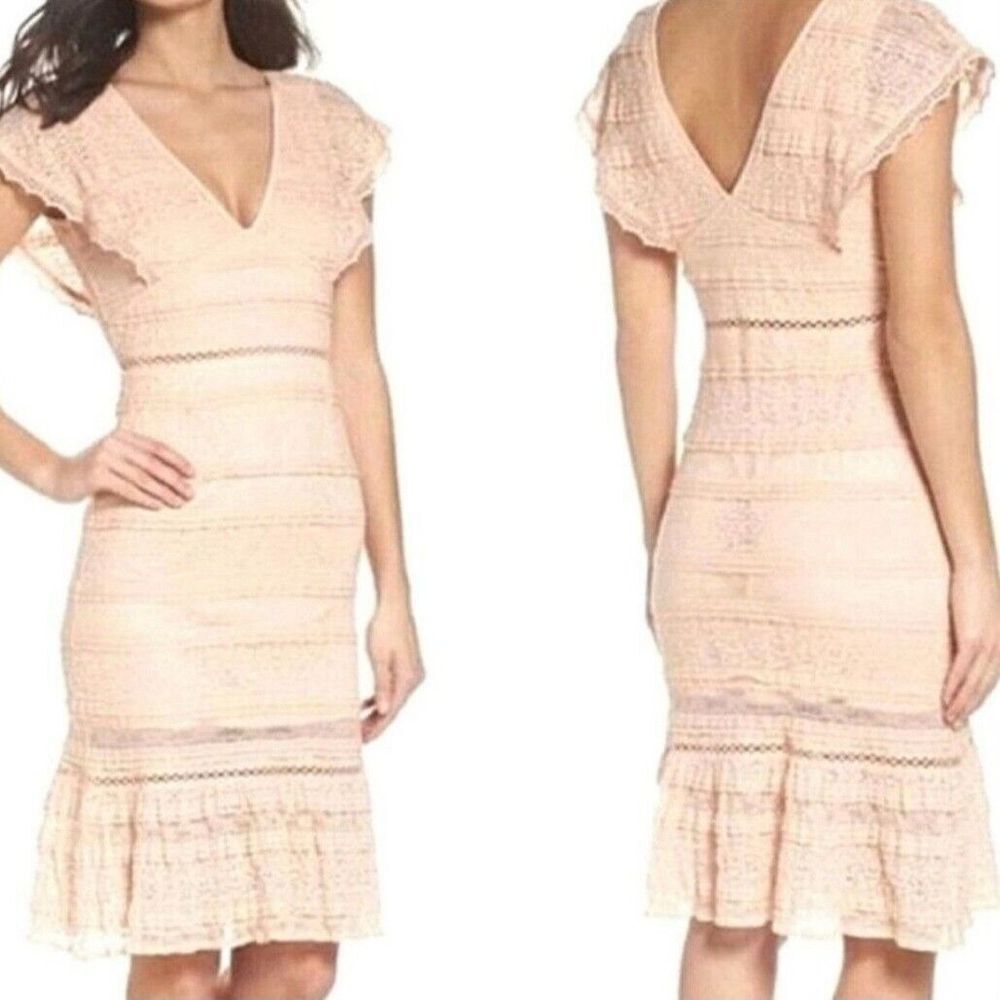 FoxieDox M Stretch Lace Peach Bodycon‎ Wedding Bridal Prom Party Midi Dress